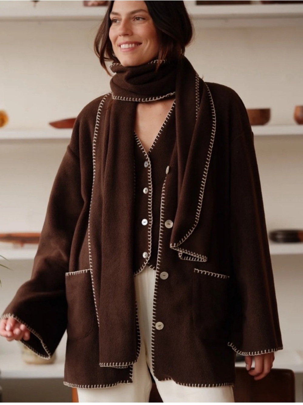 Donni Polar Fleece Brown Button-Front Contrast Stitch Cardigan XS - Picture 4 of 8